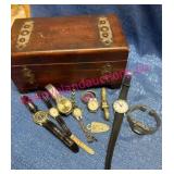 Wooden Box w/Watches & Key Fob