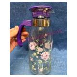 New Glass Pitcher w/Purple Lid & Floral Design