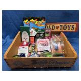 Wood Crate w/ Assorted Toys & Trinkets