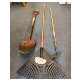 Leaf Rake, Shovel & Small Hoe