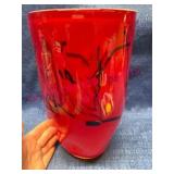 Hand Blown Red Glass Vase w/ Painted Floral Motif