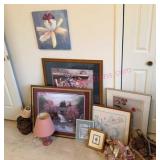 Lot of Vtg Framed Art, Lamp & Baskets