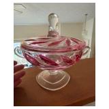 Glass Compote w/ Pink Leaf Design
