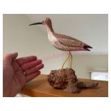 Hand-Carved Wooden Shorebird on Natural Base