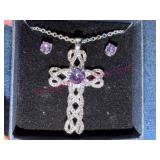Purple Amethyst Cross Pendant & Earrings