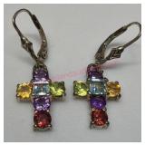 Sterling Silver Cross Earrings w/ Gemstones