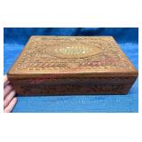 Vtg Hand-Carved Wooden Box w/Inlay