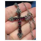 Silver Cross Pendant w/ Red Stones & Chain