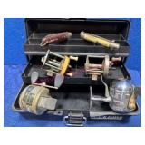 4 Fishing Reels & Knives in Black Hawk Box