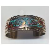 Turquoise & Coral Inlay Cuff Bracelet