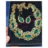 Green Stone Gold-Tone Necklace & Earrings