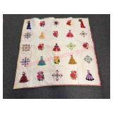 Hand-Stitched Quilt w/Colorful Embroidery 38x38in