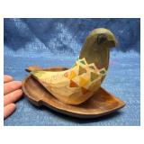 Carved Wood Bird Figurine w/Wood Tray