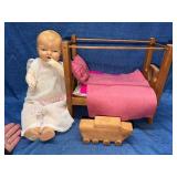 Doll w/Wooden Crib & Handmade Toy