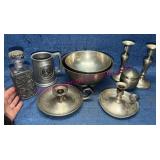 Old Pewter Candleholders, Bowls, Mug & Jar