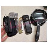 (K) Mag Glass, Knives, Multi-Tool, Belt Buckle Lot