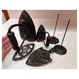 (K) 2 Old Cast Irons, Small Trivets, Bill Holders
