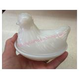 (K) Small Old Milk Glass Hen Dish