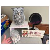 (LR) Lot w/Owl, Glass Jar, Stool & Sign
