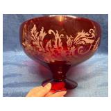 Ruby Glass Compote Bowl w/ Etched Design