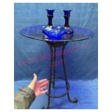 Cobalt Blue Glass Platter & Wrought Iron Base