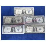 5 Circulated 1957 $1 Silver Certificates