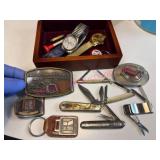 Box w/ Knives, Watches, & Belt Buckles