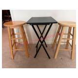 2 Wood Stools & Black TV Tray Combo