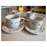 4 Longaberger Pottery Green Cups & Saucers