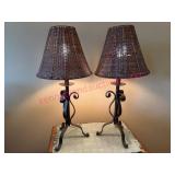 2 Iron Base Table Lamps w/Wicker Shades
