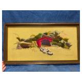 Framed Embroidered Artwork of Covered Bridge