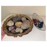 Glass Dish w/Rocks & Decorative Tray