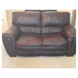 Brown Leather Modern Settee w/Wooden Feet