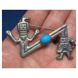 Sterling Silver Turquoise Brooch Signed 16.2g