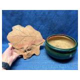 Terracotta Leaf Plaque & Green Glazed Pot