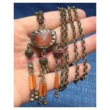 Mexican Coral Pendant Necklace w/ Brass Accents