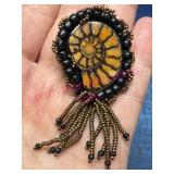 Fossil Ammonite Brooch w/ Beaded Accents