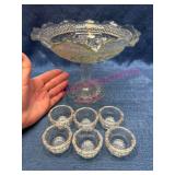 Pressed Glass Pedestal Bowl w/ 6 Small Dishes