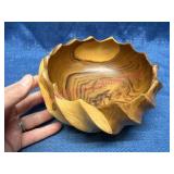 Carved Wooden Bowl w/Rippled Edge Design
