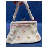 Petite-Bead White Handbag w/ Floral Design