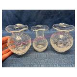 3 Clear Crackle Glass Vases w/ Flared Rims