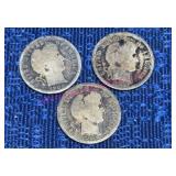 (3) Barber Dimes 1900-1912-1916, 90% Silver