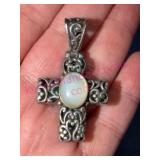 Sterling Silver Cross Pendant w/Turquoise & Moon