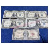 (4) $1 Silver Certificates & $2 Bill Red Ink
