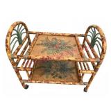 Bamboo & Wicker Rolling Bar Cart w/Fern Motif