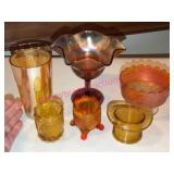 6-Pcs: Carnival Glass & Patterned Amber Glass