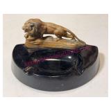 1920s Black Amethyst Glass Ashtray w/ Metal Lion