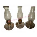 3 Antique Glass Oil Lamps w/ Brass Burners