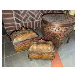 2 Metal Lidded Boxes & Tall Woven Basket