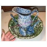 Enamelware Wash Basin, Pitcher, Ladle & Spoon